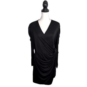 Chic Black Draped Long Sleeve Dress